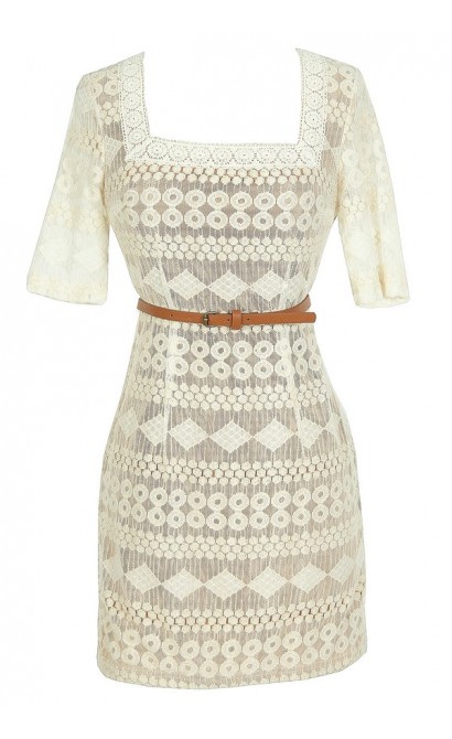 Delicate Designs Square Neck Belted Lace Dress in Ivory/Beige
